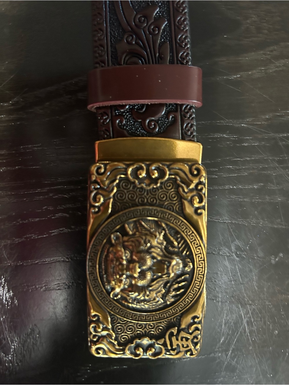 Men's Dark Brown Embossed Leather Belt with Decorative Buckle designer inspired